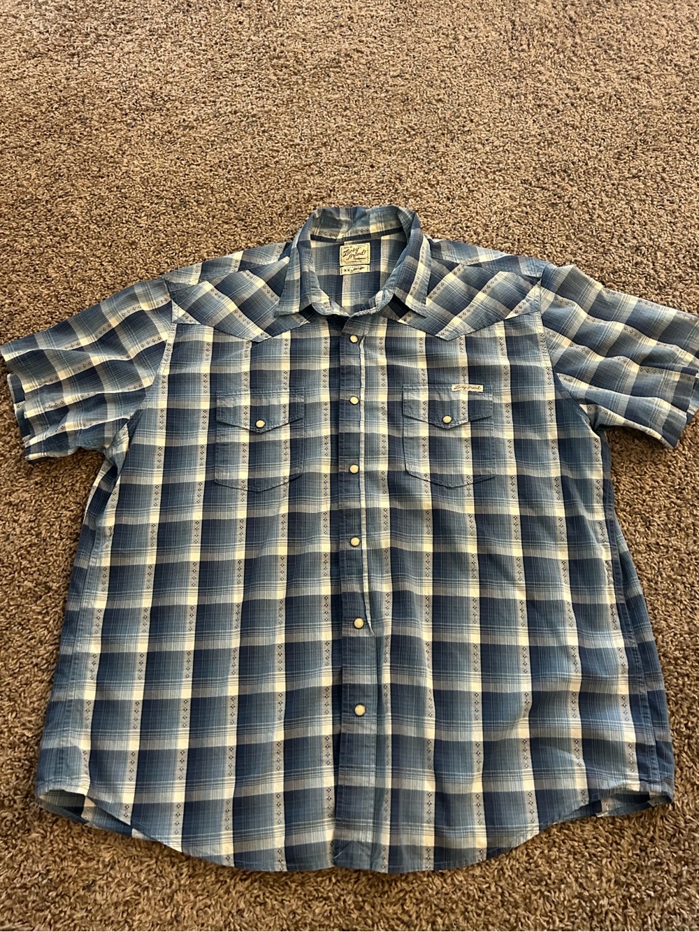 Lucky Brand Western Shirt Mens 2XL Blue Plaid Pearl Snap Short Sleeve